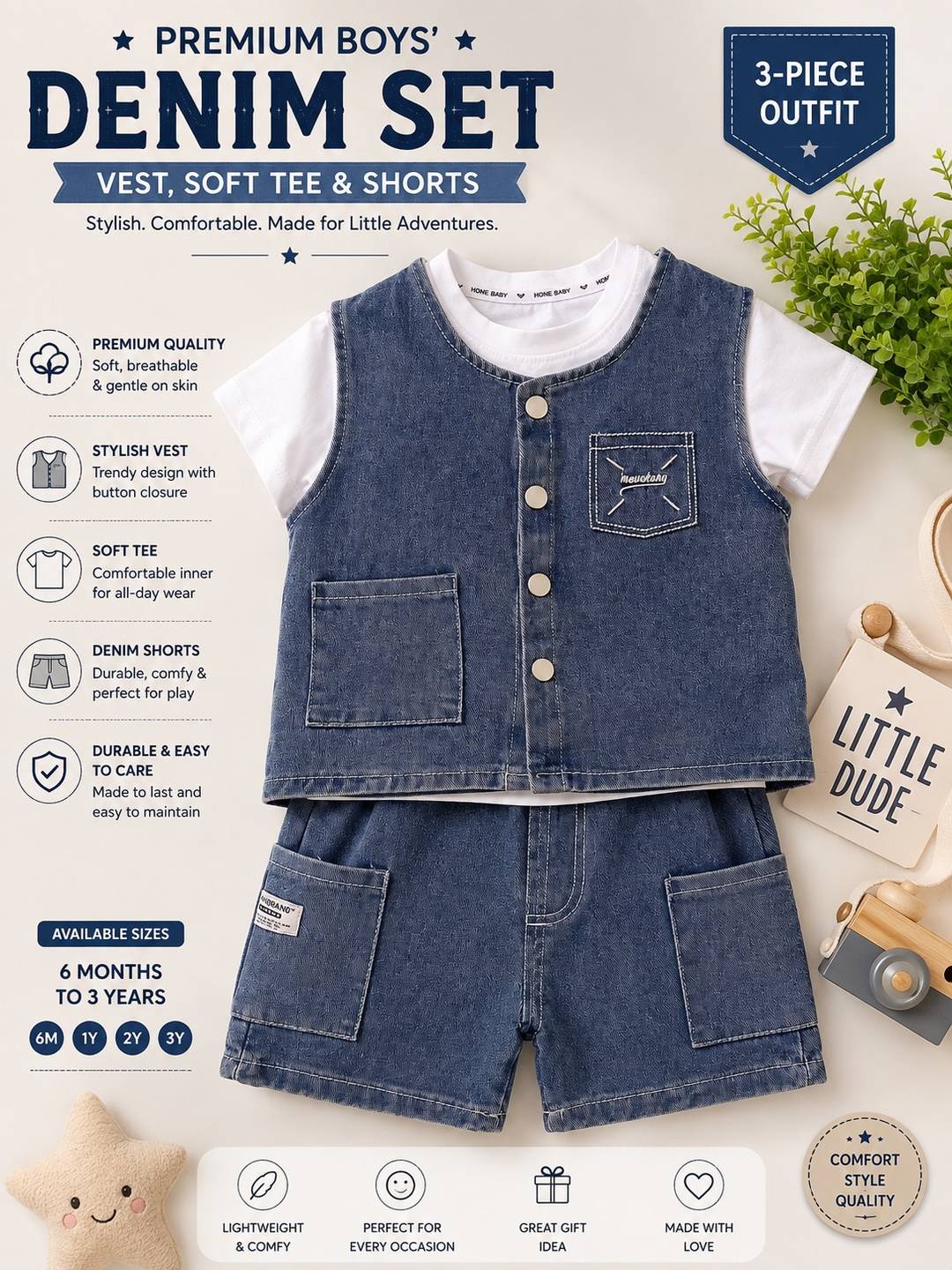 Premium Boys’ Denim Vest, Soft Tee & Shorts 3-Piece Set ✨