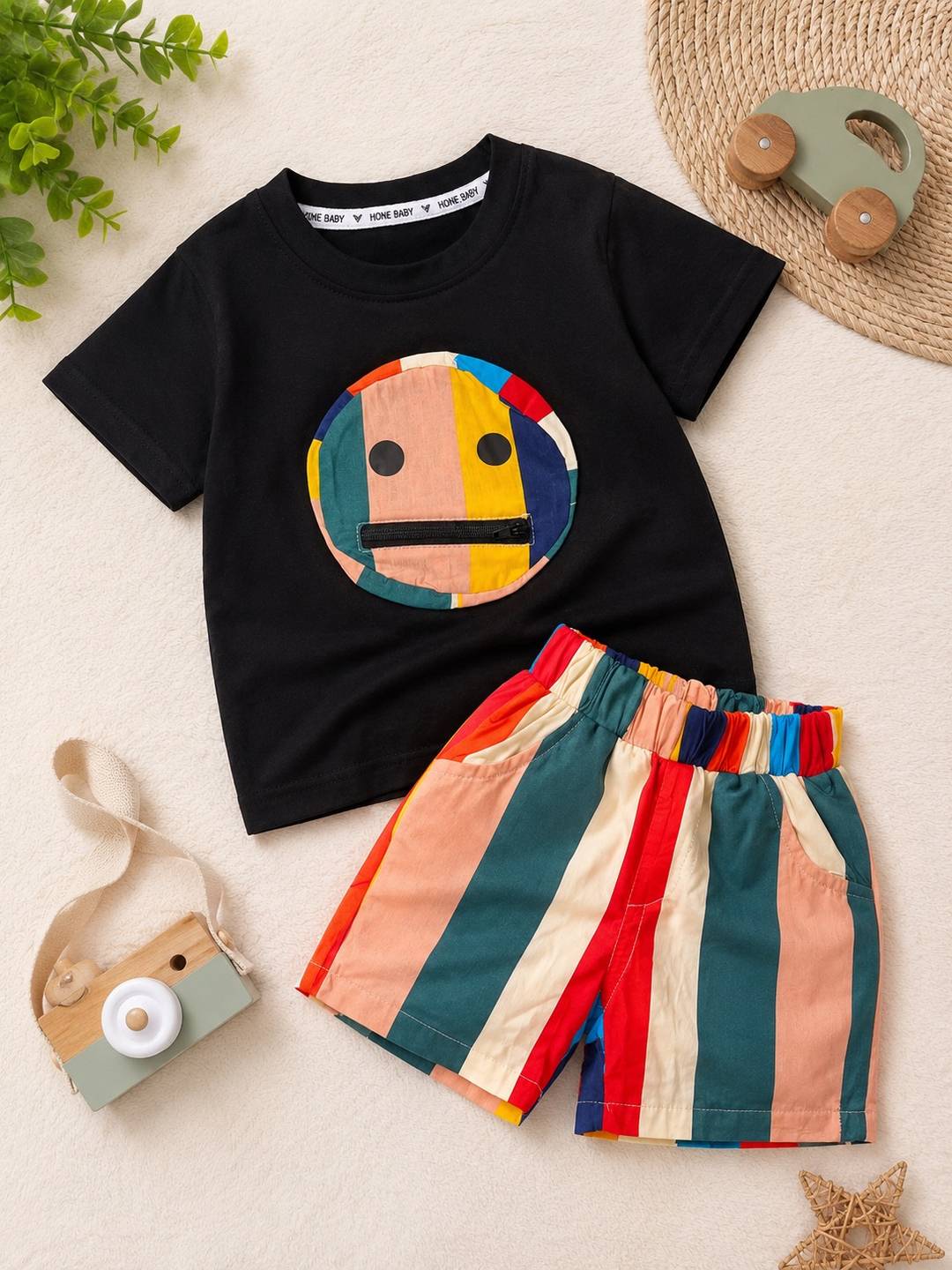 Premium Boys’ Smiley Face T-Shirt & Striped Shorts 2-Piece Set 🌈✨