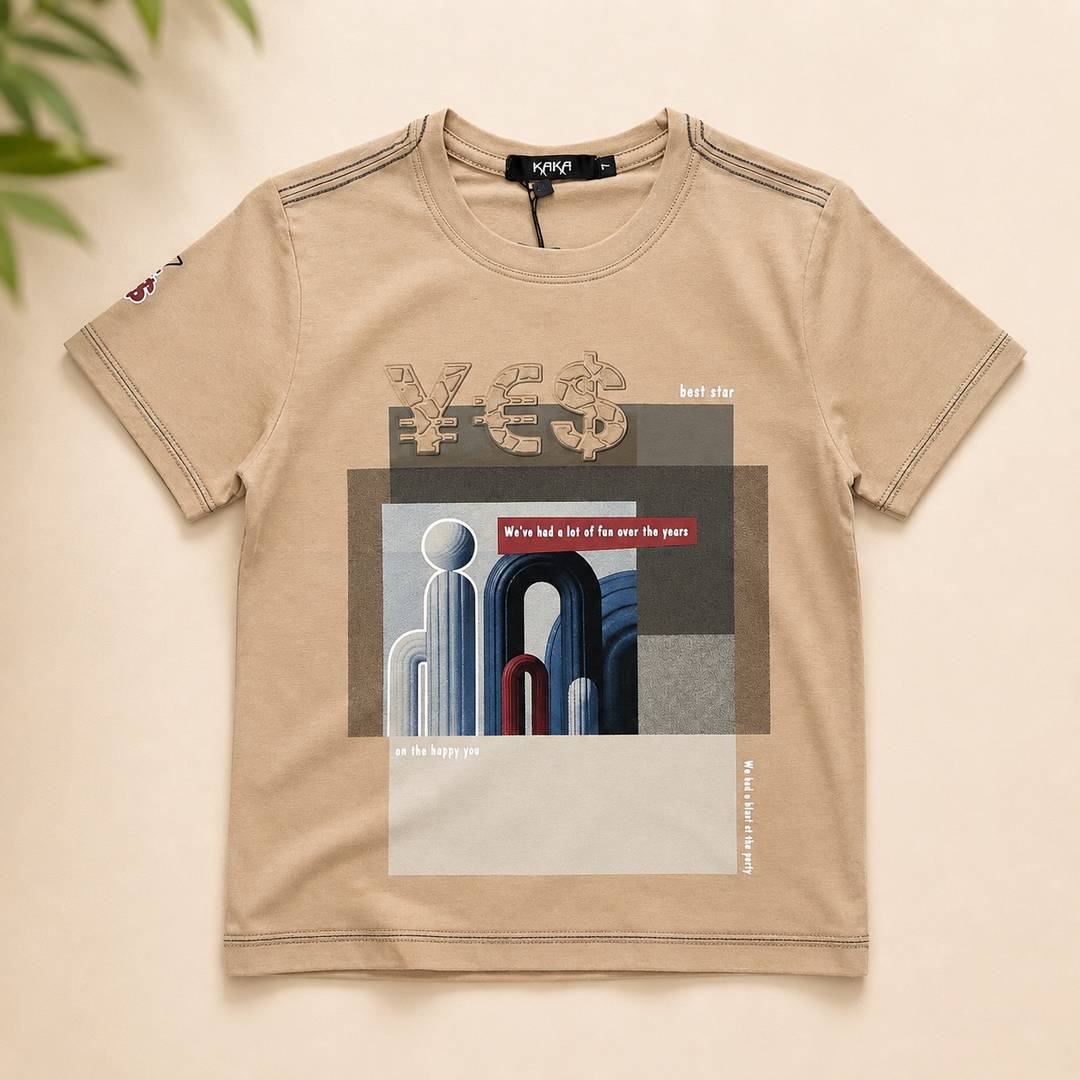 Premium Kids Cotton Graphic T-Shirt – Beige Crew Neck Casual Tee
