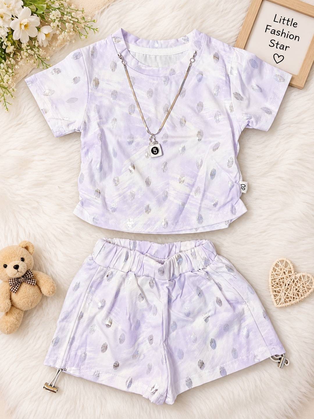 Lilac Dream Tie-Dye Girls Co-Ord Set with Silver Foil Print & Pendant (2-Piece)