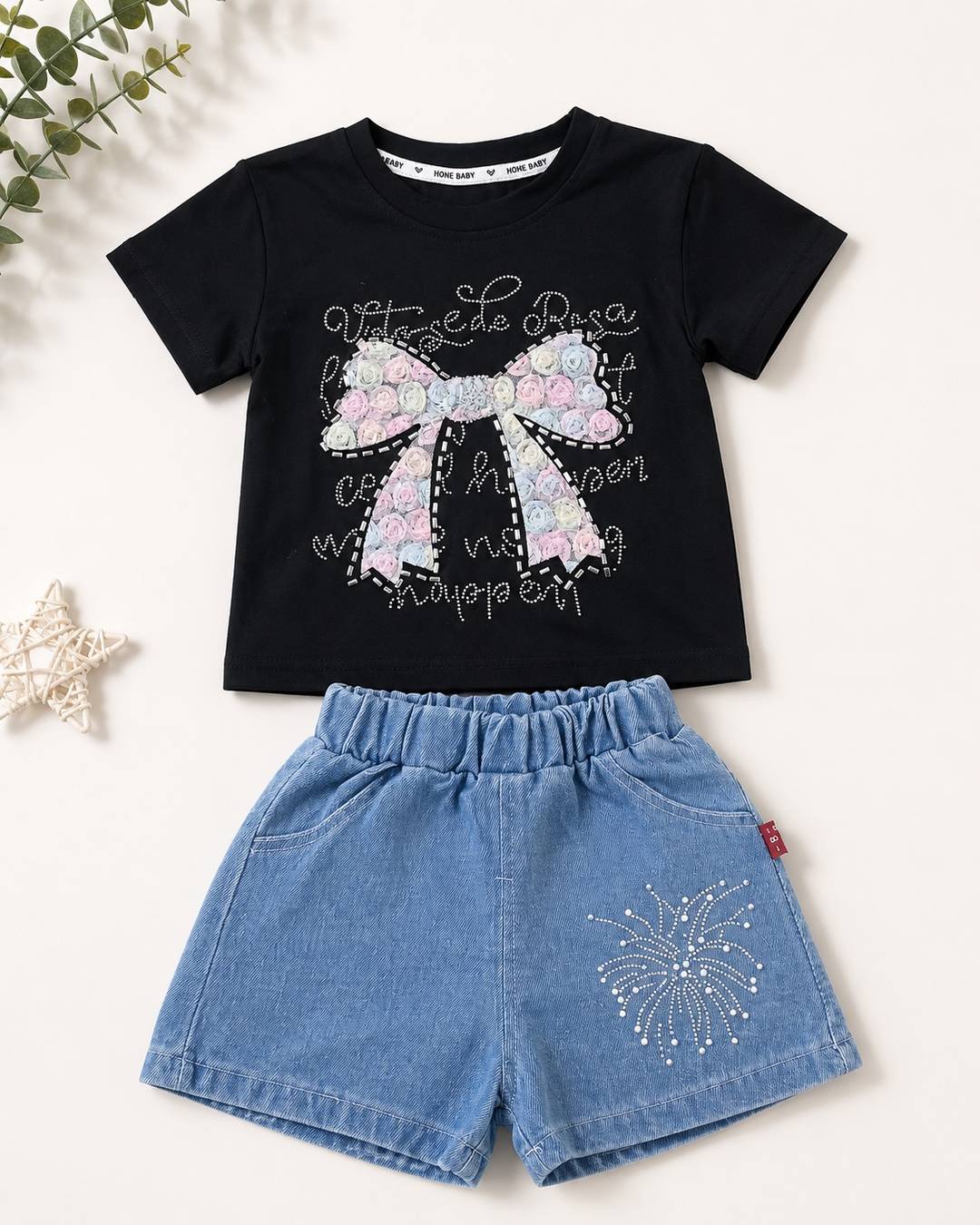 Girls’ Bow Detail T-Shirt & Denim Shorts Set