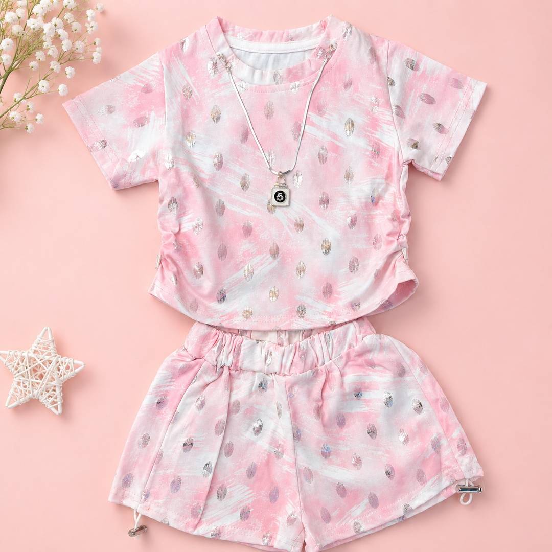 Pink Dream Tie-Dye Girls Co-Ord Set with Silver Foil Print & Pendant (2-Piece)