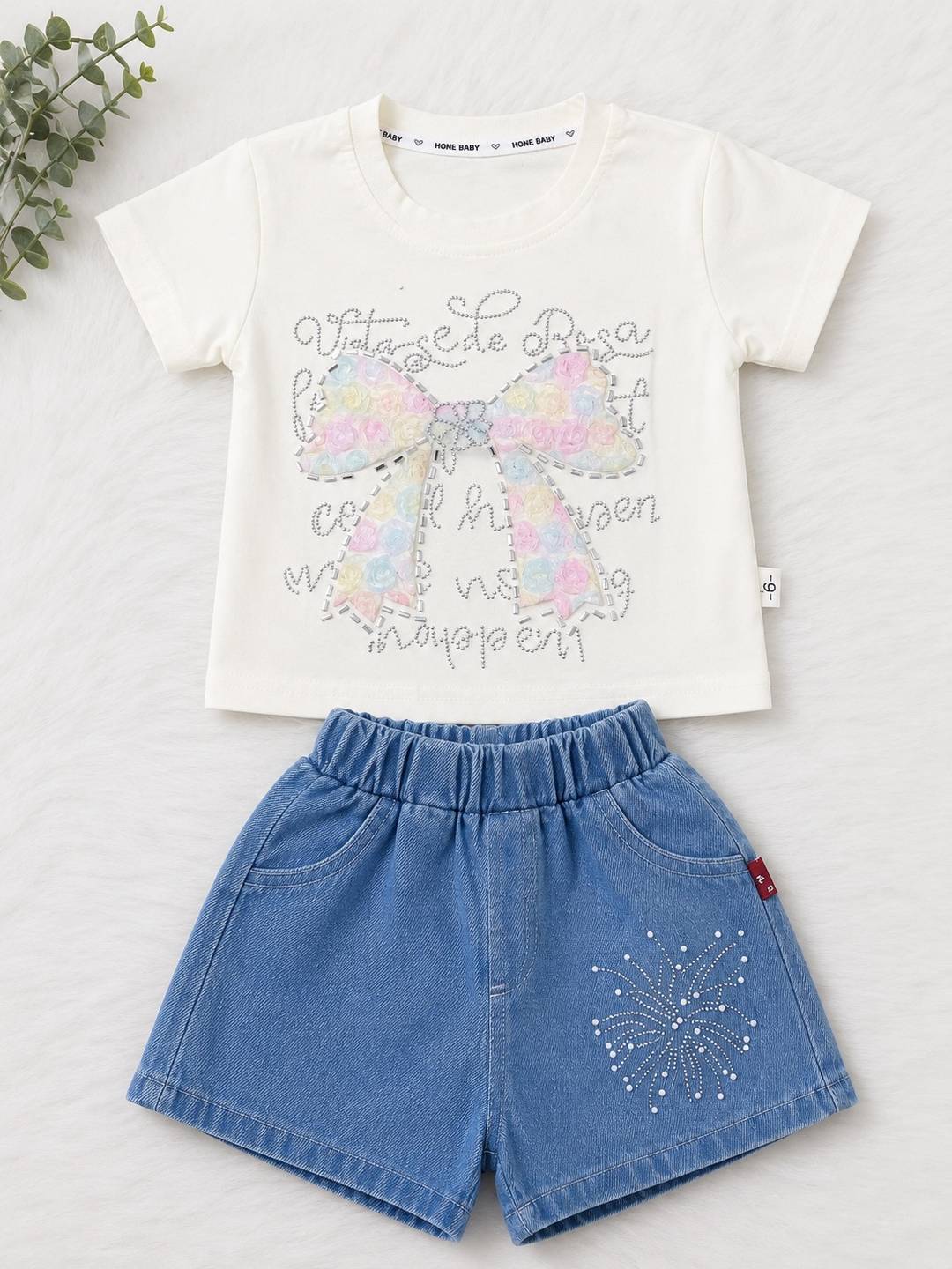 Girls’ Bow Detail Off white T-Shirt & Denim Shorts Set