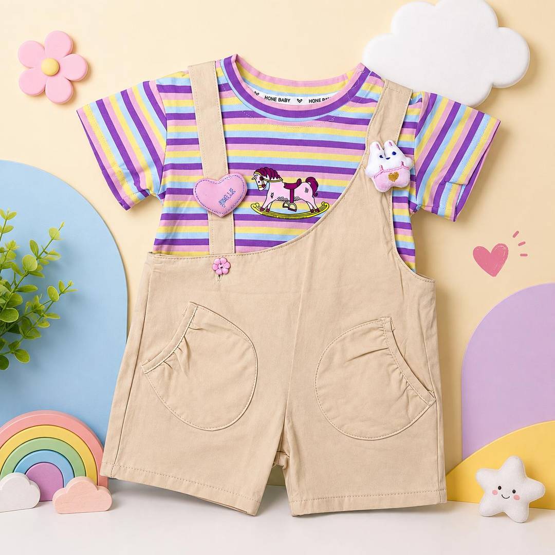 Girls' Pastel Rainbow Striped T-Shirt with Beige Dungaree👧🌸