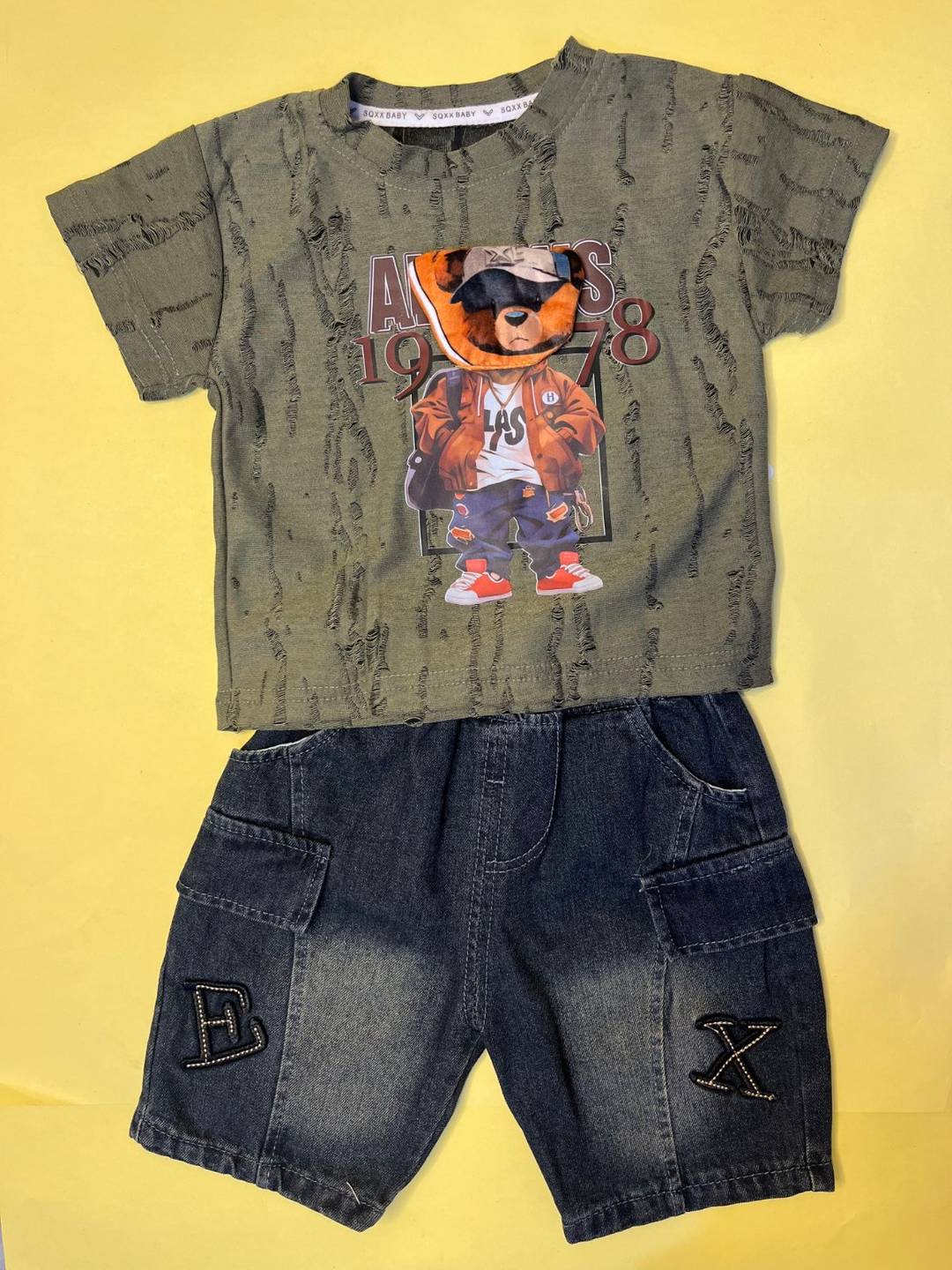Little Rebel Bear 2- piece denim short set