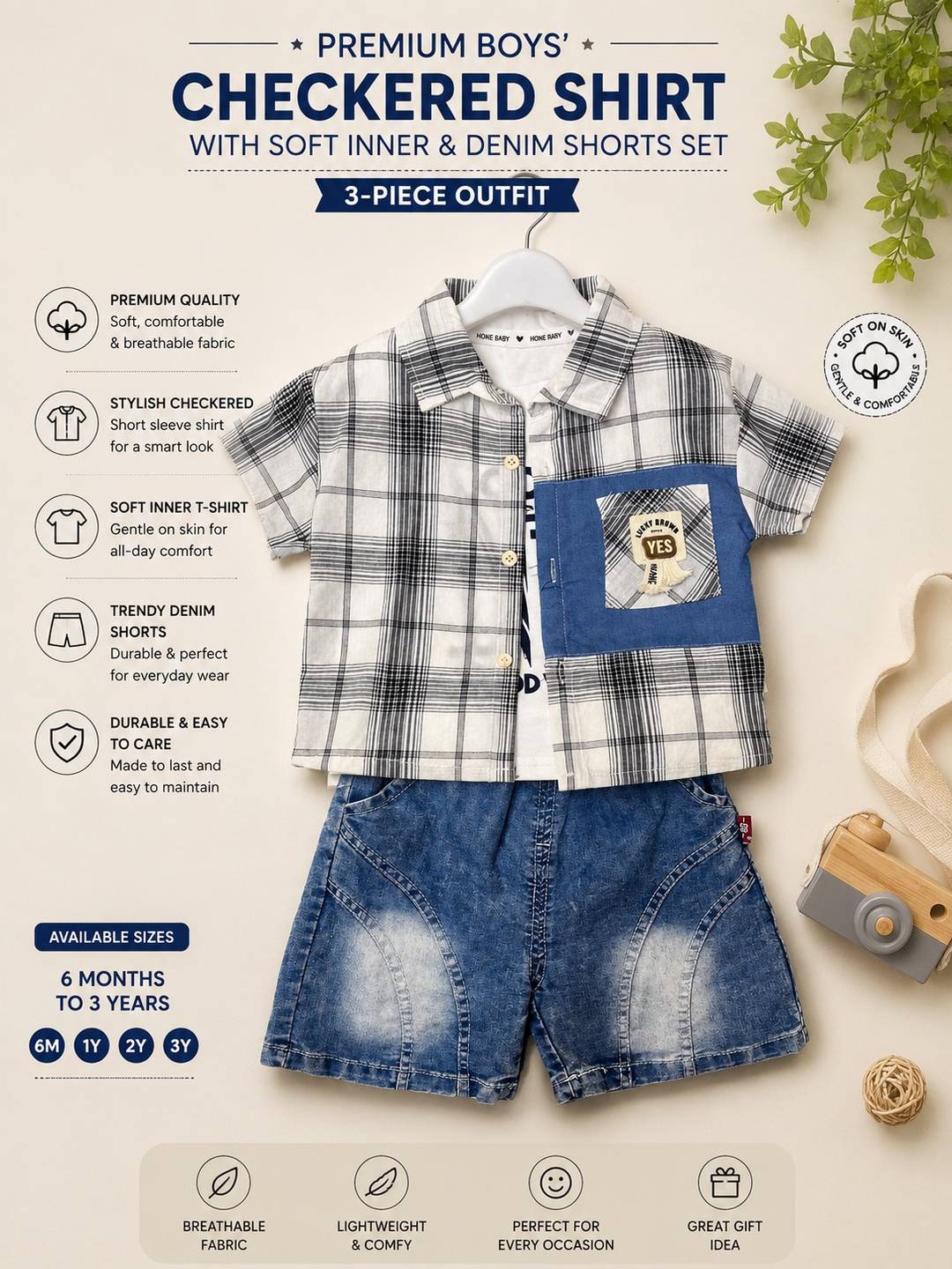⭐ Boys’ Checkered Shirt with Soft Inner & Denim Shorts 3-Piece Set