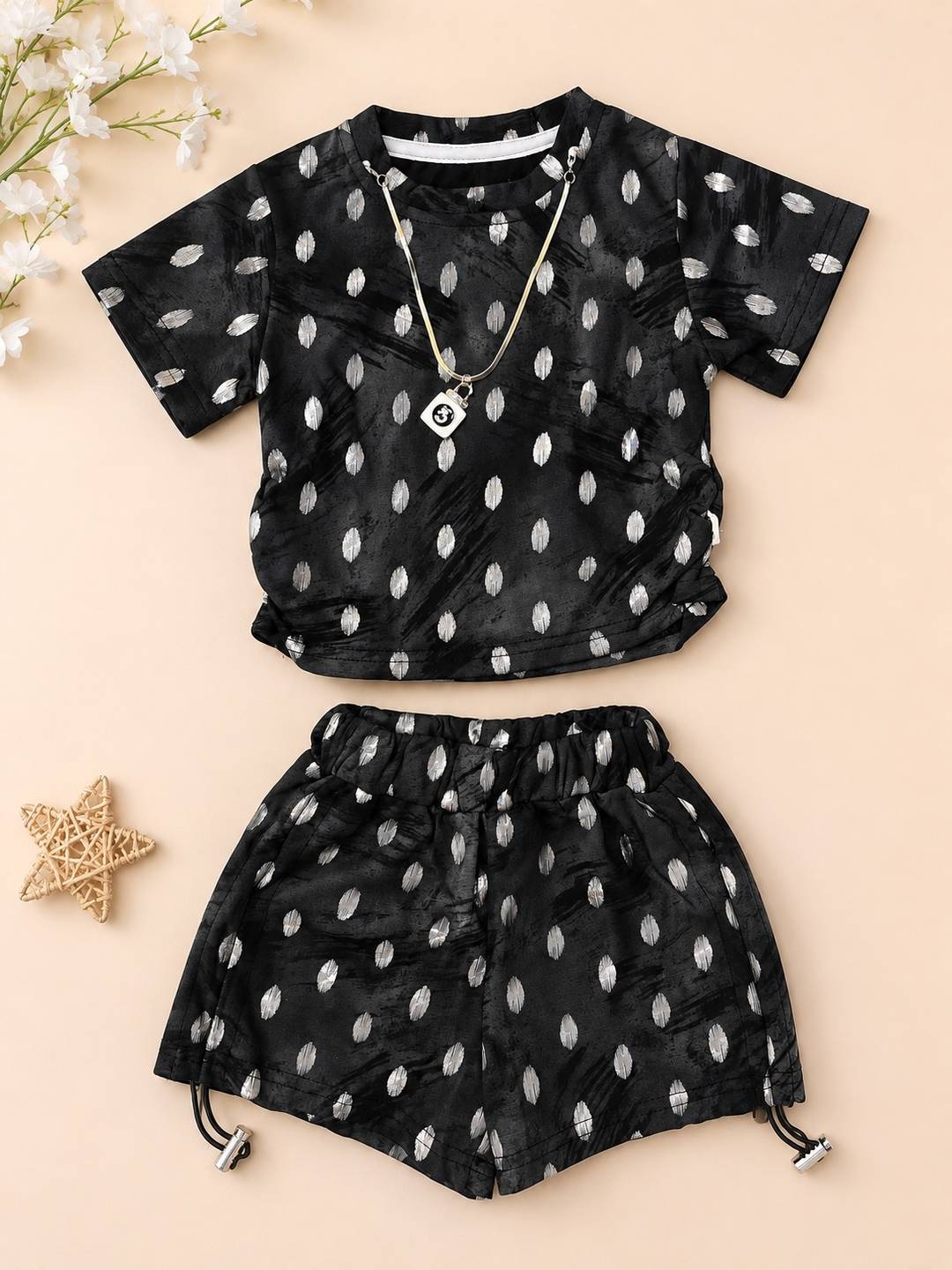 Black Dream Tie-Dye Girls Co-Ord Set with Silver Foil Print & Pendant (2-Piece)