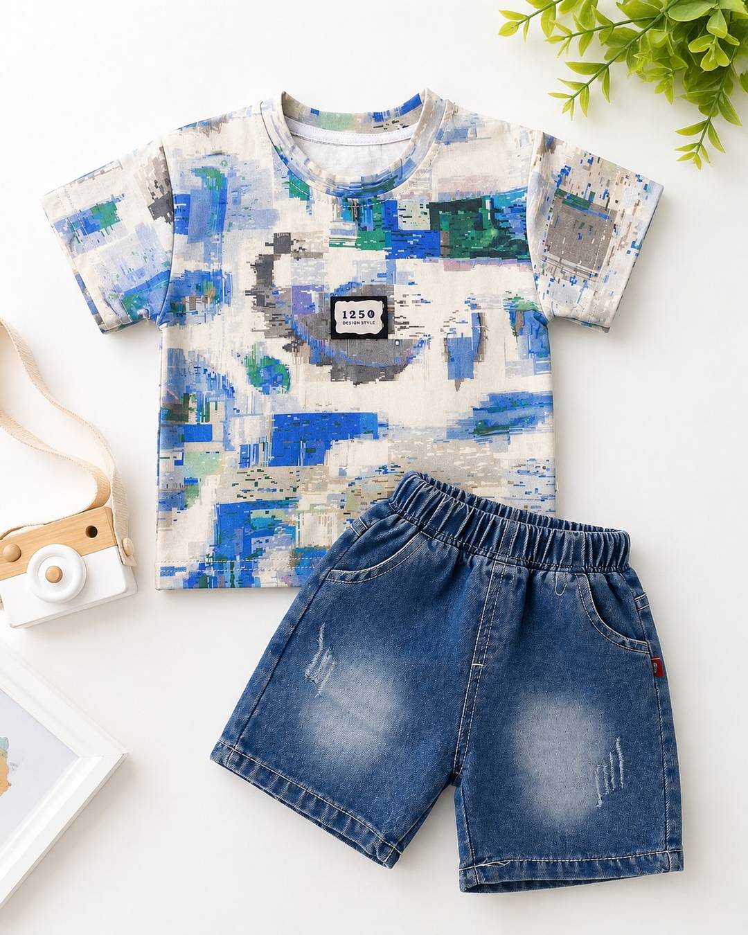 Urban Blue 2-Piece Graphic Denim Shorts Set 🧢