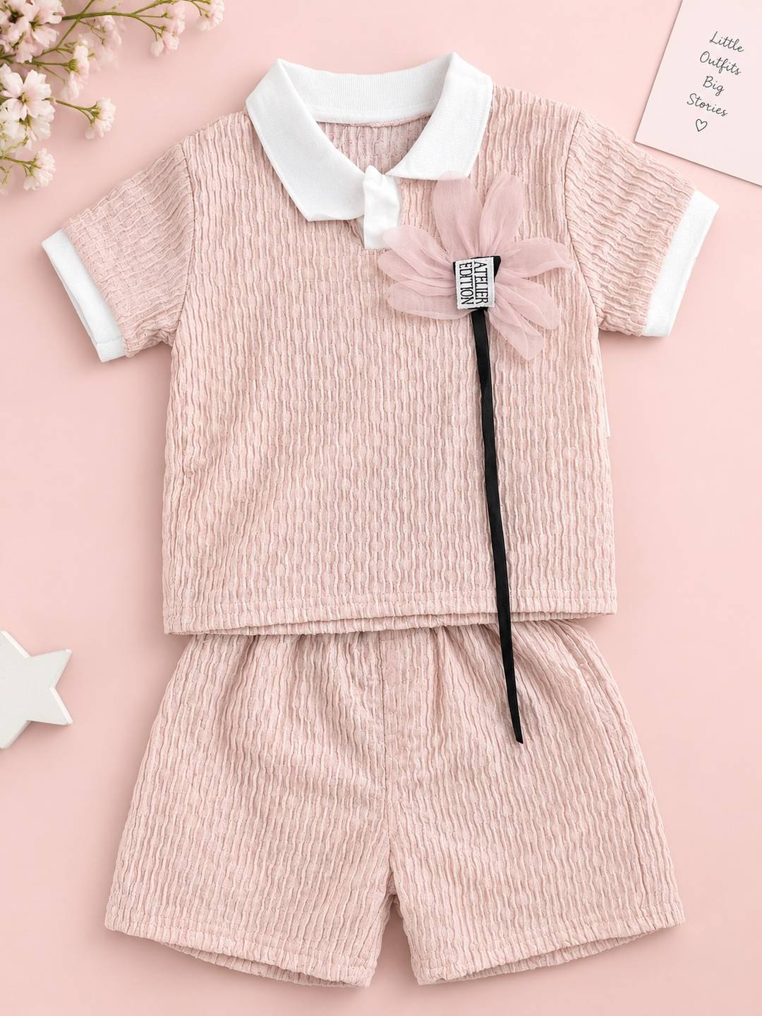 Baby Girls Blush Pink Textured Polo Top & Shorts Co-Ord Set