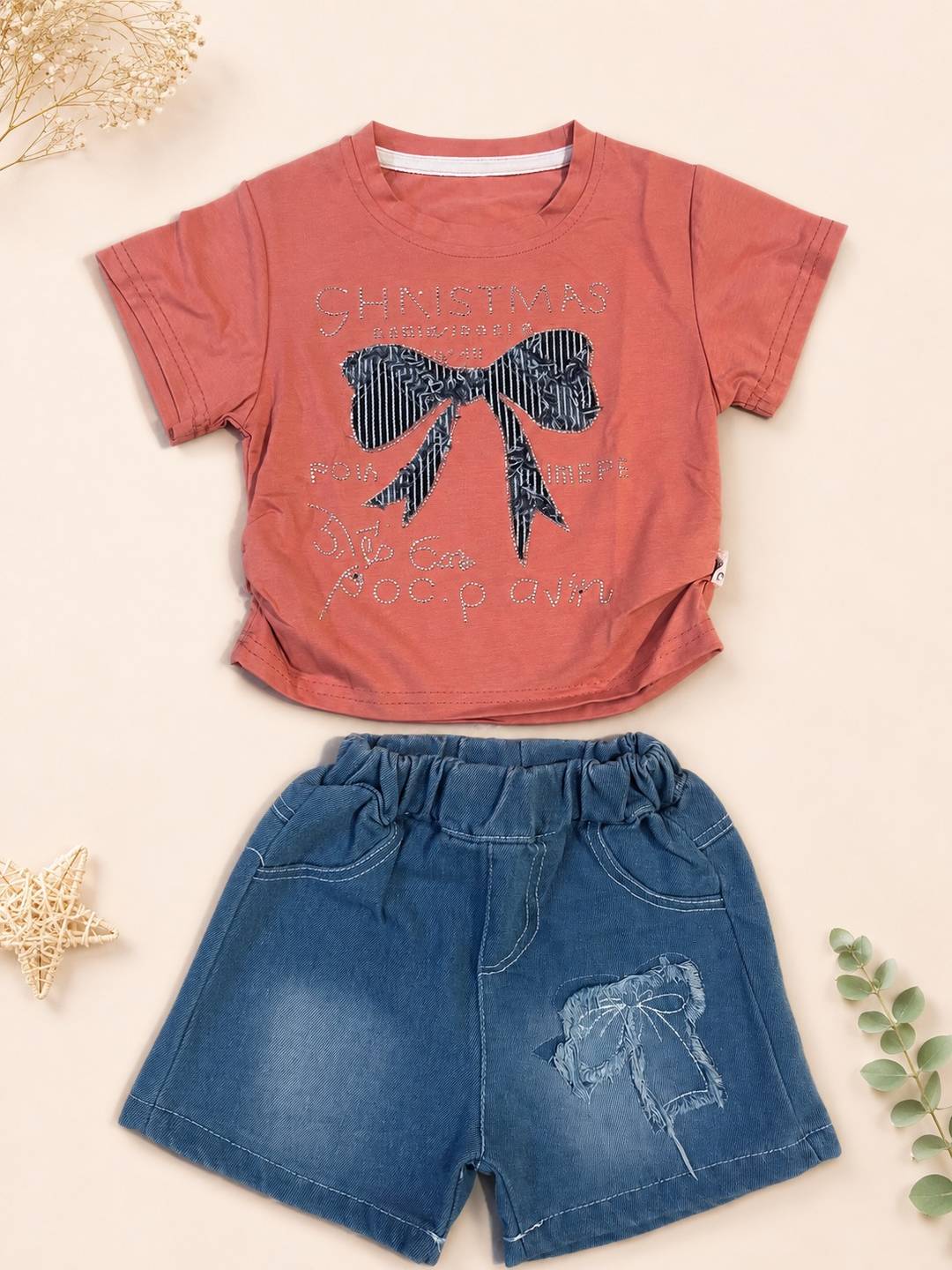 Girls Bow Denim Shorts Set – Coral Tee & Blue Denim Shorts